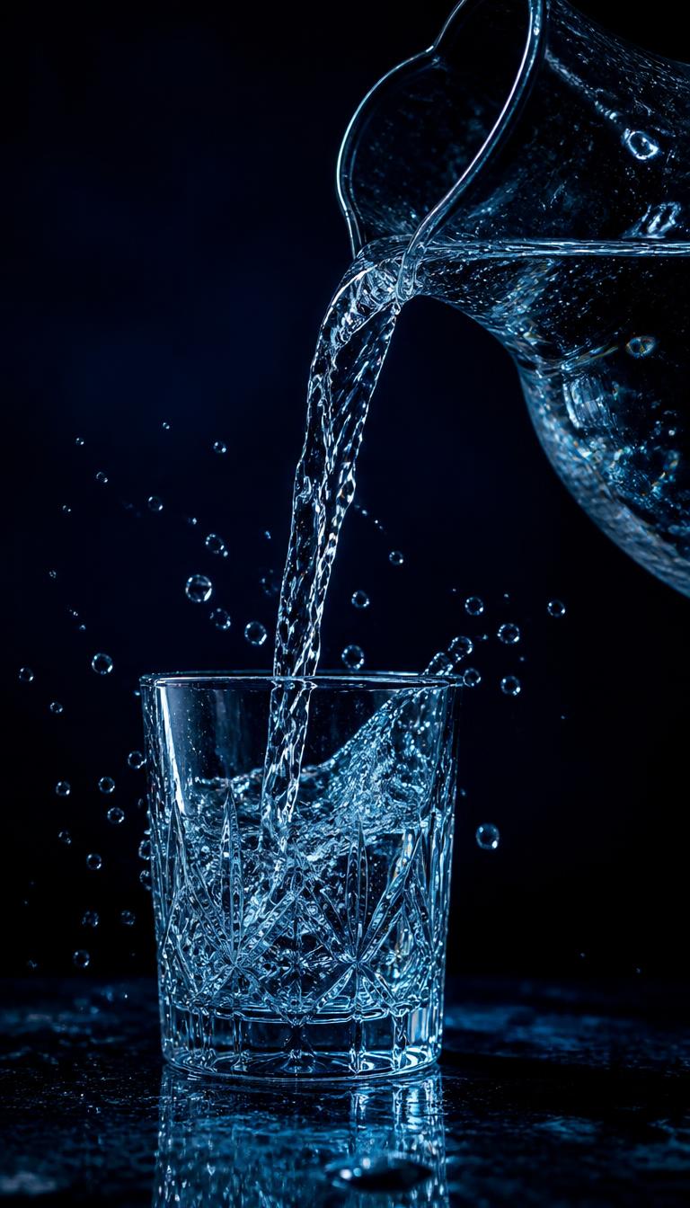 Acqua limpida versata da una caraffa di vetro in un bicchiere, su fondo blu notte